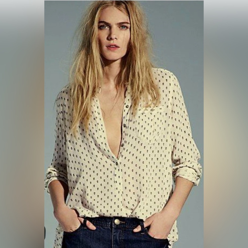 Free People Oversized Button Down Blouse XS Cream Black Boho High Low Tunic
